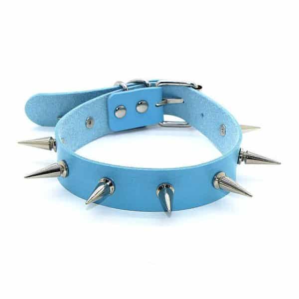 Vegan Leather Choker Collar with Long Metal Spikes Blue