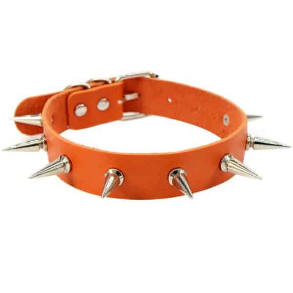 Vegan Leather Choker Collar with Long Metal Spikes Orange
