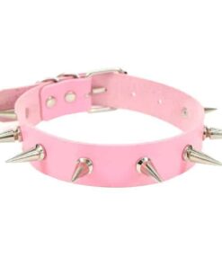 Vegan Leather Choker Collar with Long Metal Spikes Pink
