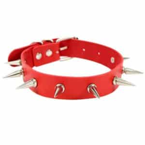 Vegan Leather Choker Collar with Long Metal Spikes Red