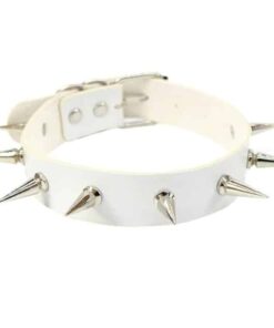 Vegan Leather Choker Collar with Long Metal Spikes White