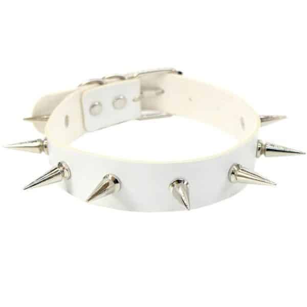 Vegan Leather Choker Collar with Long Metal Spikes White