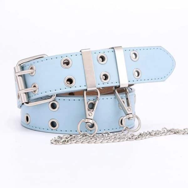 Vegan Leather Double Exhaust Eye Belt with Chain Blue