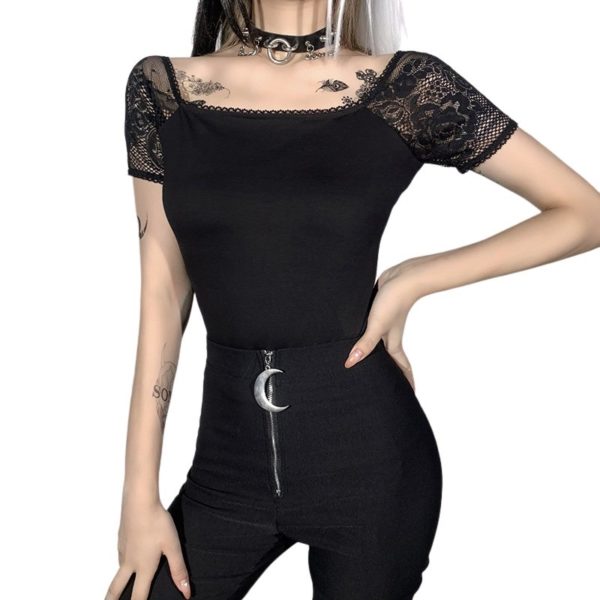 Black Top with Lace Short Sleeves