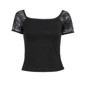 Black Top with Lace Short Sleeves Full Front