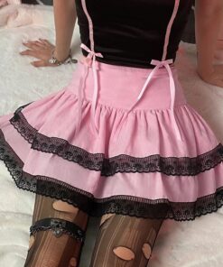 High Waist Lace Trim Pink Mini Skirt
