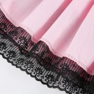 High Waist Lace Trim Pink Mini Skirt Details 4