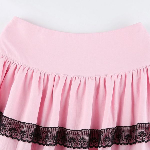 High Waist Lace Trim Pink Mini Skirt Details