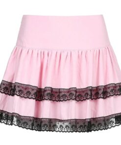 High Waist Lace Trim Pink Mini Skirt Full
