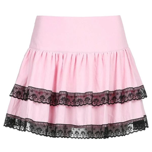 High Waist Lace Trim Pink Mini Skirt Full