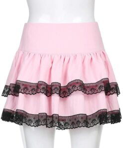 High Waist Lace Trim Pink Mini Skirt Full Back