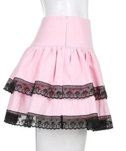 High Waist Lace Trim Pink Mini Skirt Full Side