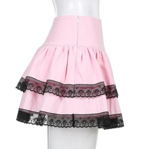 High Waist Lace Trim Pink Mini Skirt Full Side