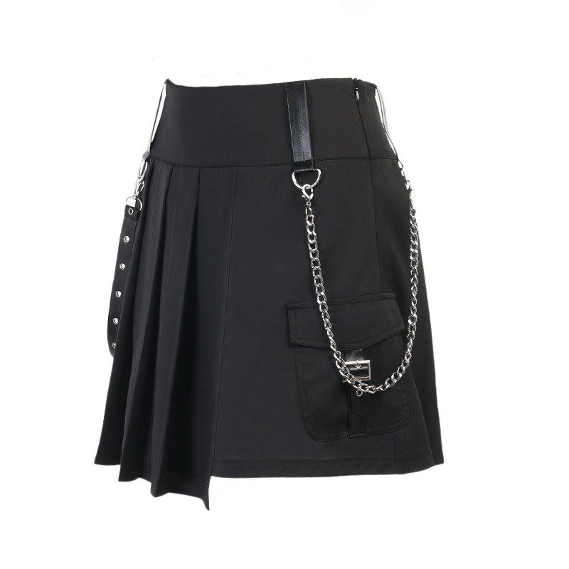 High Waist Pleated Mini Skirt with Chains - Ninja Cosmico