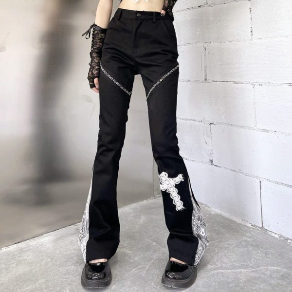High Waist Trousers with Lace Cross Leg
