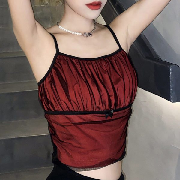 Mesh Cami Top with Front Bow Red 3