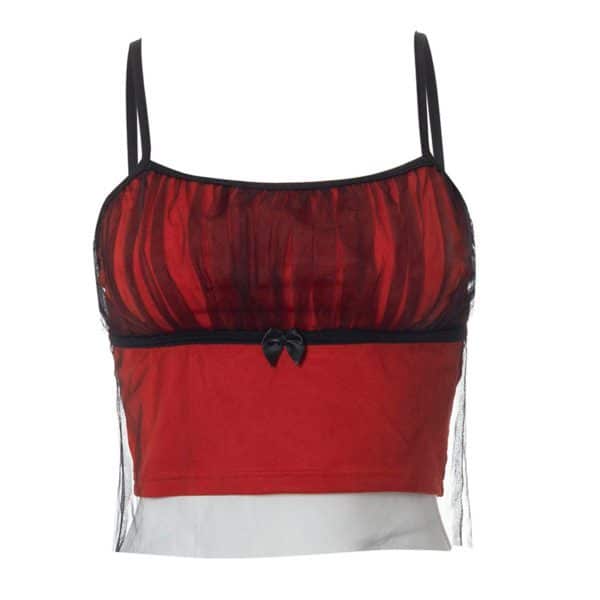 Mesh Cami Top with Front Bow Red Full Front