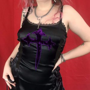Purple Cross Lace Trim Black Dress 2