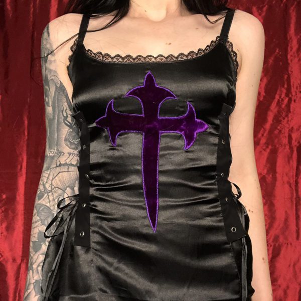 Purple Cross Lace Trim Black Dress 5