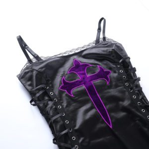 Purple Cross Lace Trim Black Dress Details