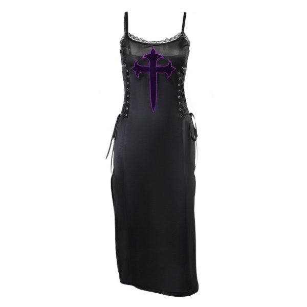 Purple Cross Lace Trim Black Dress Full Front