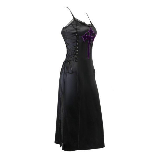 Purple Cross Lace Trim Black Dress Full Side