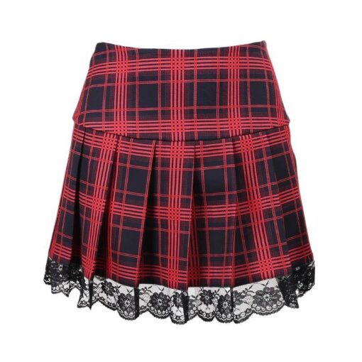 Red Plaid Lace Trim Mini Skirt