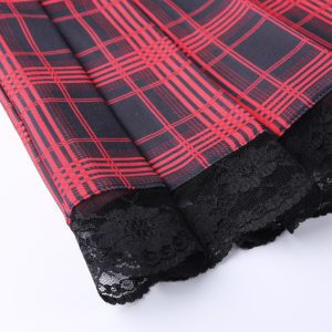 Red Plaid Lace Trim Mini Skirt Details 3