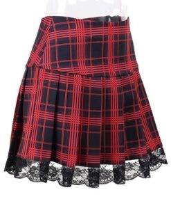 Red Plaid Lace Trim Mini Skirt Side