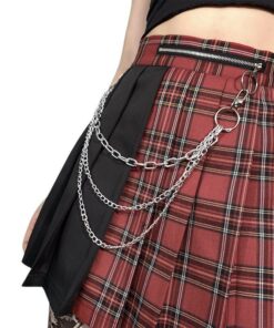 Red Plaid Split Mini Skirt with Chains 2