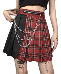 Red Plaid Split Mini Skirt with Chains