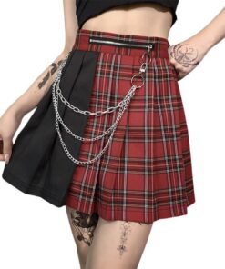 Red Plaid Split Mini Skirt with Chains 3
