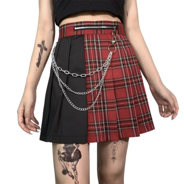 Red Plaid Split Mini Skirt with Chains 4