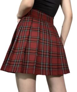 Red Plaid Split Mini Skirt with Chains 5