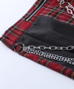 Red Plaid Split Mini Skirt with Chains Details 2