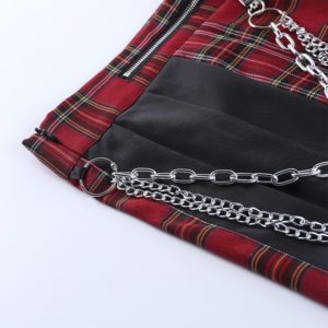 Red Plaid Split Mini Skirt with Chains Details 2