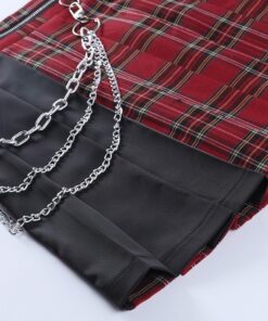 Red Plaid Split Mini Skirt with Chains Details