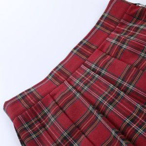 Red Plaid Split Mini Skirt with Chains Details 3