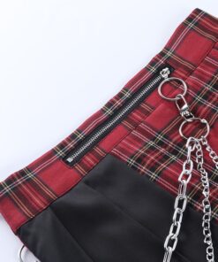 Red Plaid Split Mini Skirt with Chains Details 4