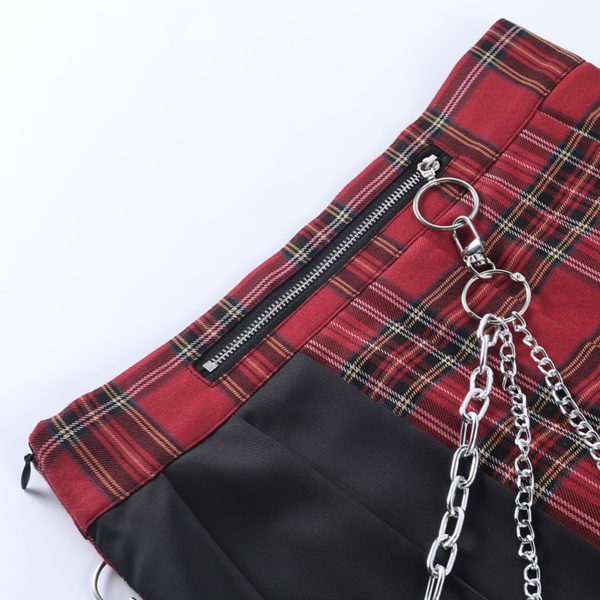 Red Plaid Split Mini Skirt with Chains Details 4