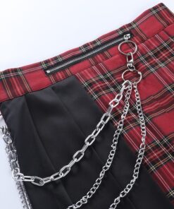Red Plaid Split Mini Skirt with Chains Details 5