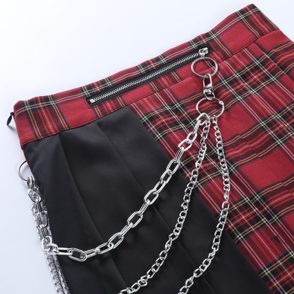 Red Plaid Split Mini Skirt with Chains Details 5