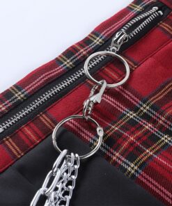Red Plaid Split Mini Skirt with Chains Details 6