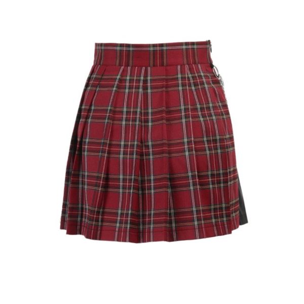 Red Plaid Split Mini Skirt with Chains Full Back