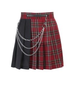 Red Plaid Split Mini Skirt with Chains Full Front