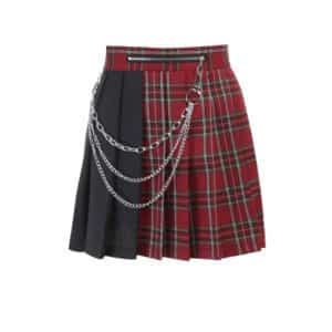 Red Plaid Split Mini Skirt with Chains Full Front
