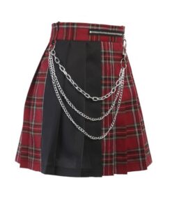 Red Plaid Split Mini Skirt with Chains Full Side