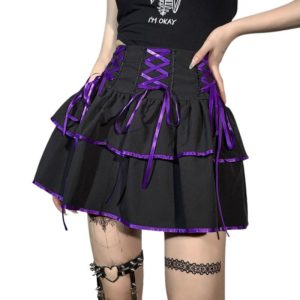Lace-up Pleated Black Mini Skirt Purple 3