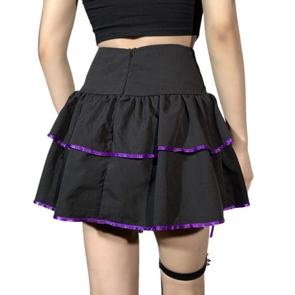 Lace-up Pleated Black Mini Skirt Purple 4