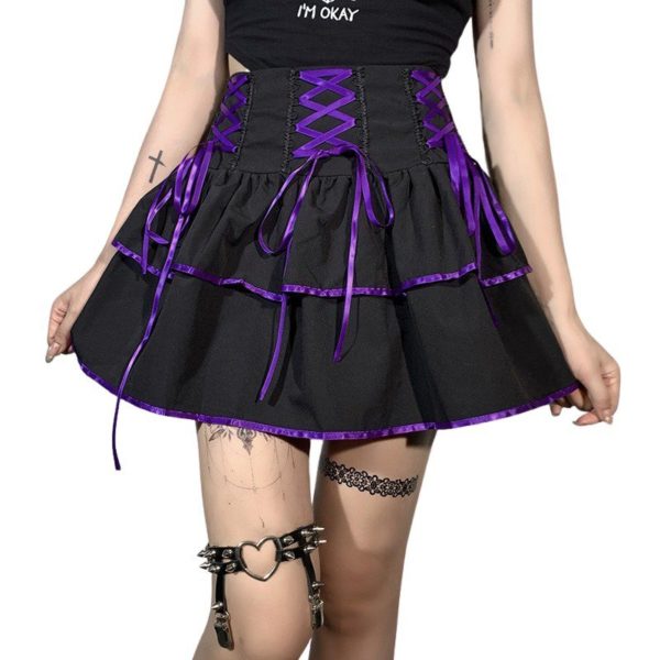 Lace-up Pleated Black Mini Skirt Purple